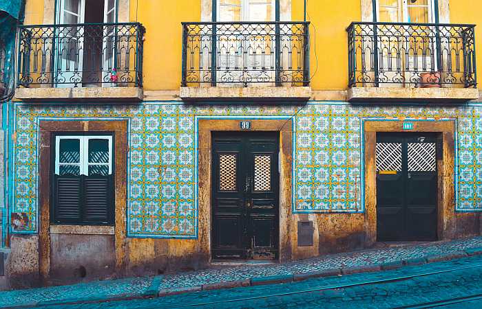 Kosher vacation in Portugal. Azulejo tiles on a building in Lisbon.